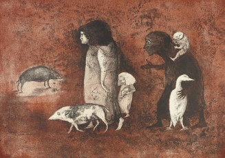 People and pigs (color lithographer) by Leonora Carrington (1975)