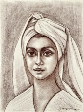 Woman In A Turban by Raul Anguiano (1960)  sanguine crayon drawing on paper
