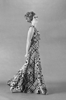 A woman modelling a geometric patterned dress by Mike McKeown (1966)