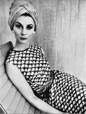Model in black-brown-and-white trellis print dress by Richard Dormer (1963)