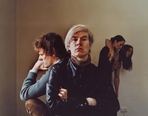 Andy Warhol with Joe D'Alessandro, Paul Morrissey and Jane Forth at Chateau Marmont, Hollywood (for filming of Trash). 1970
