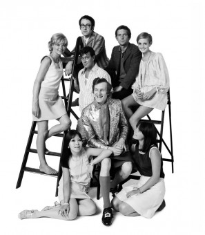 Back row (left to right) Susannah York, Peter S Cook, Tom Courtenay, Twiggy, centre row (left to right) Joe Orton, Michael Fish, front row (left to right) Miranda Chiu, Lucy Fleming (The In Group, young London,) by Patrick Lichfield (1967)