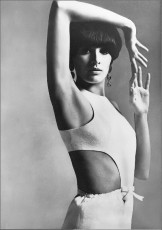Model in white linenweave scooped out dress by David Montgomery (1965)