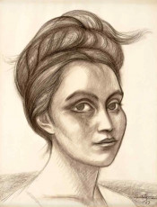 La muchacha de los ojos grandes by Raul Anguiano (1963) • charcoal and blood on paper 