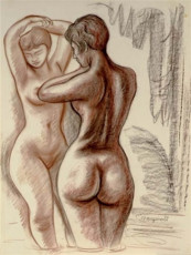 Two nude female figurest by Raul Anguiano (1970)  charcoal and pastel