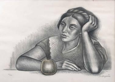 Woman with apple by Raul Anguiano (1976)  lithography