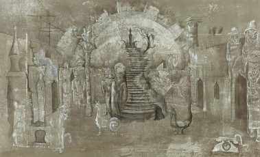 A sketch of the stage design (oil, pastel) by Leonora Carrington (1969)