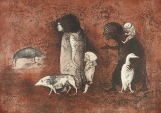 People and pigs (color lithographer) by Leonora Carrington (1975)