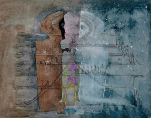 A game of shadows (watercolor, ink, graphite) by Leonora Carrington (1977)