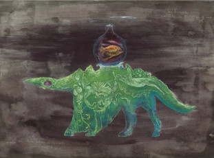 Fish, dressed in a bottle (watercolor, gouache) by Leonora Carrington (1977)