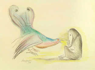 A woman with a bird (graphite, colored pencils) by Leonora Carrington (1978)