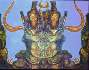 Cherub en Face with Orange-Colored Horns of Flames (mixed media on fiberboard) by Ernst Fuchs (1969)