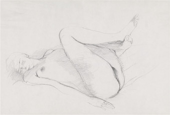 Reclining female nude with legs drawn up (pencil on paper) by Ernst Fuchs (1963)