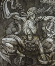 The Anti-Laocoon (Laocoon Victor) (pencil drawing on chalk grounded cloth and paper appliques) by Ernst Fuchs (1965)