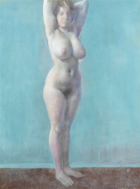 Standing female nude (color pencil and gouache on paper laid on fiberboard) by Ernst Fuchs (1965)