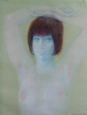 Standing female half-nude with arms folded over her head (pastel) by Ernst Fuchs (1967)