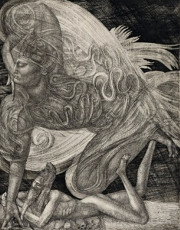 An angel is watering the thirsty Samson (etching) by Ernst Fuchs (1963)