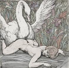 Leda (handcolored etching) by Ernst Fuchs (1974)