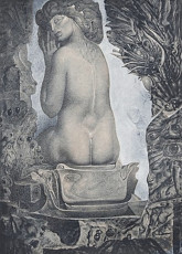 Sagesituation (color etching with aquatint) by Ernst Fuchs (1974)