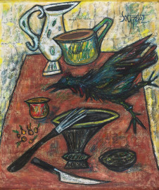 Untitled (A Still Life of Kitchen Implements and a Rooster on a Table) by Francis Newton Souza (1962)