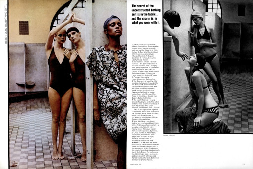 Chris Royer, Yasmine Guenacia, Sara Kapp, Sunny Redmond, Marcie Turner, Jaan Stephens by Deborah Turbeville / Vogue USA (1975.05)